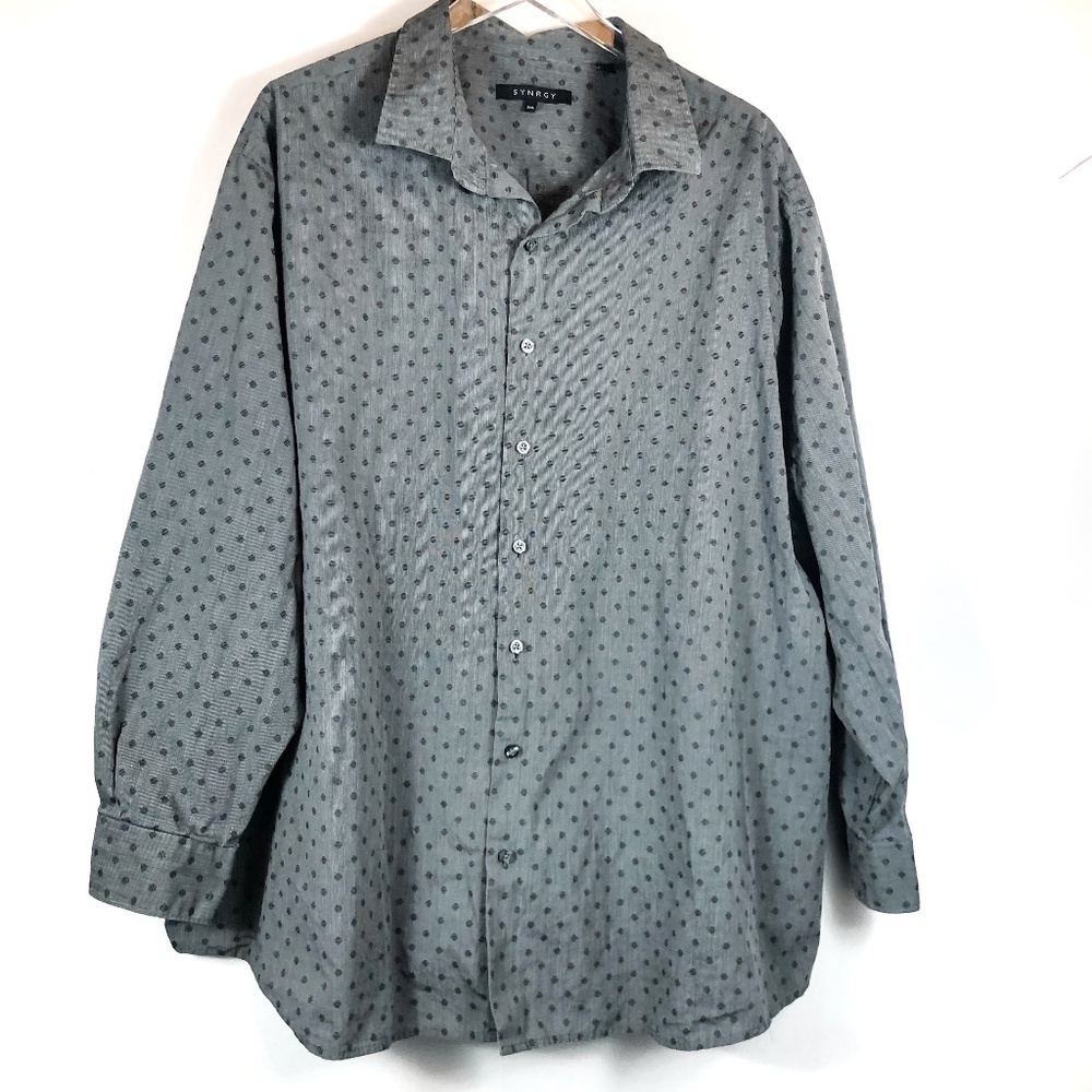 SYNRGY Mens 3XL Grey Polka Dot Micro Stripe Cotton Long Sleeve Button Down Shirt